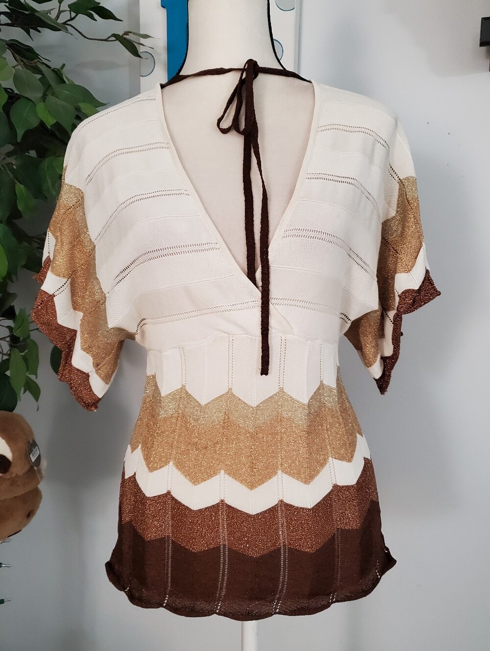 MANDEE Y2K Metallic Knit Bell Sleeve Chevron Pattern M